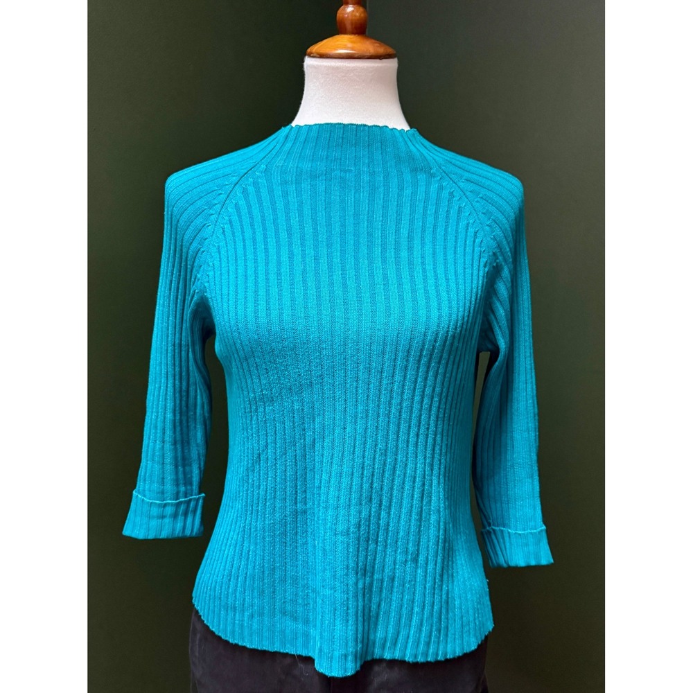 Vintage Clio Teal Ribbed Knit Top Mock Neck 3/4 Sleeve Top Women's Size S